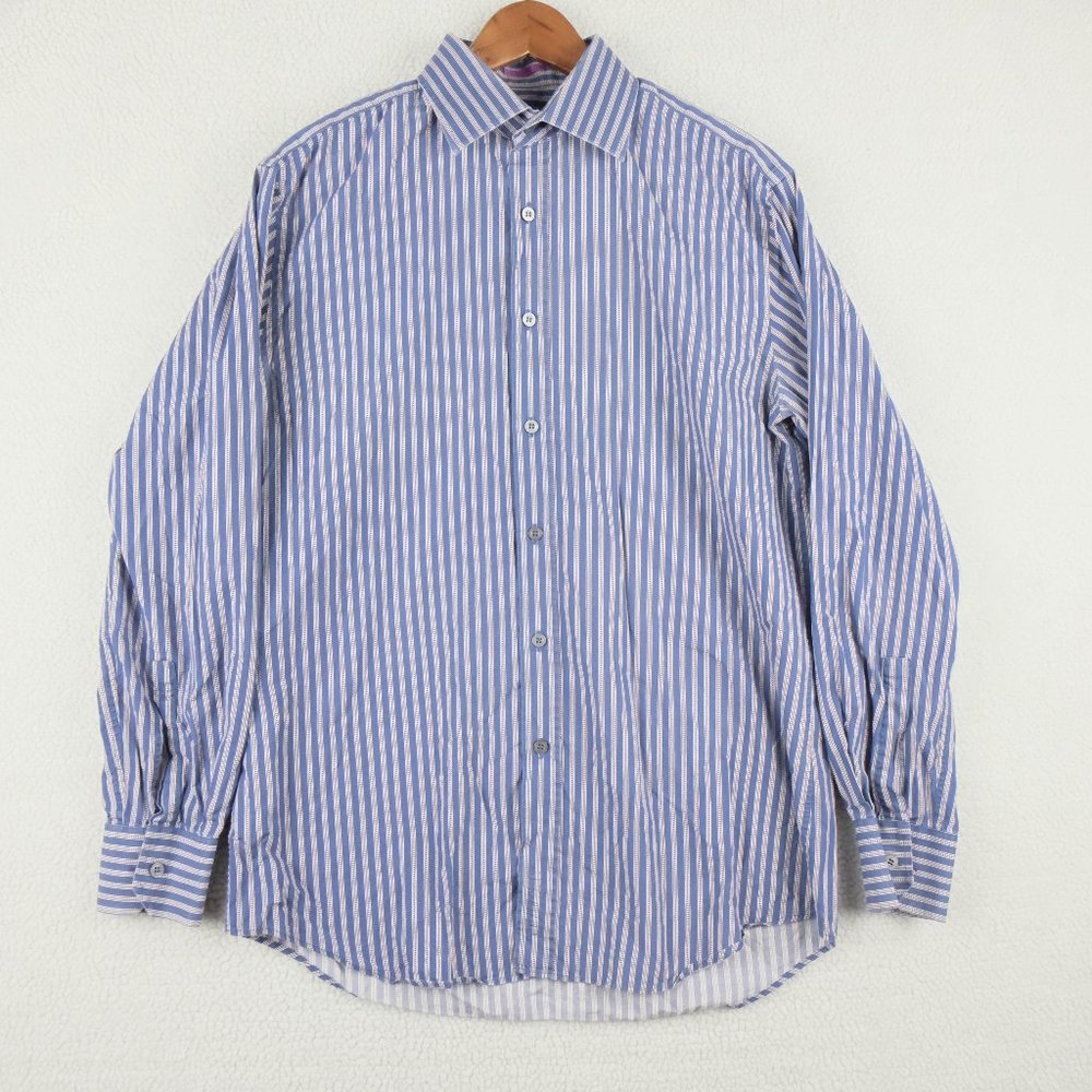 Paul Smith  Dress Shirt Mens 16 17 Blue White Striped Italy Business Casual